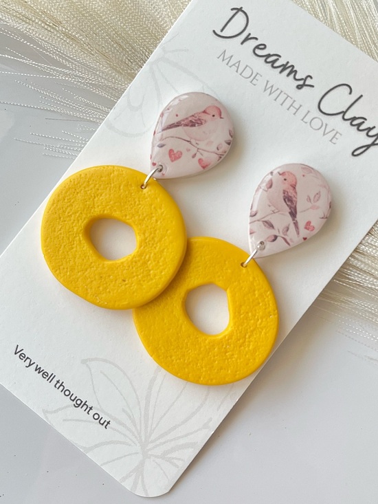 Jewelry - Yellow Circle Drop Earrings with Pink Bird Teardrops